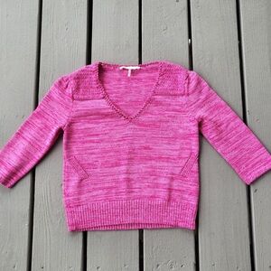 Maje Fuchsia Pink 3/4 sleeve Crochet shoulder fitted pullover sweater top Size S